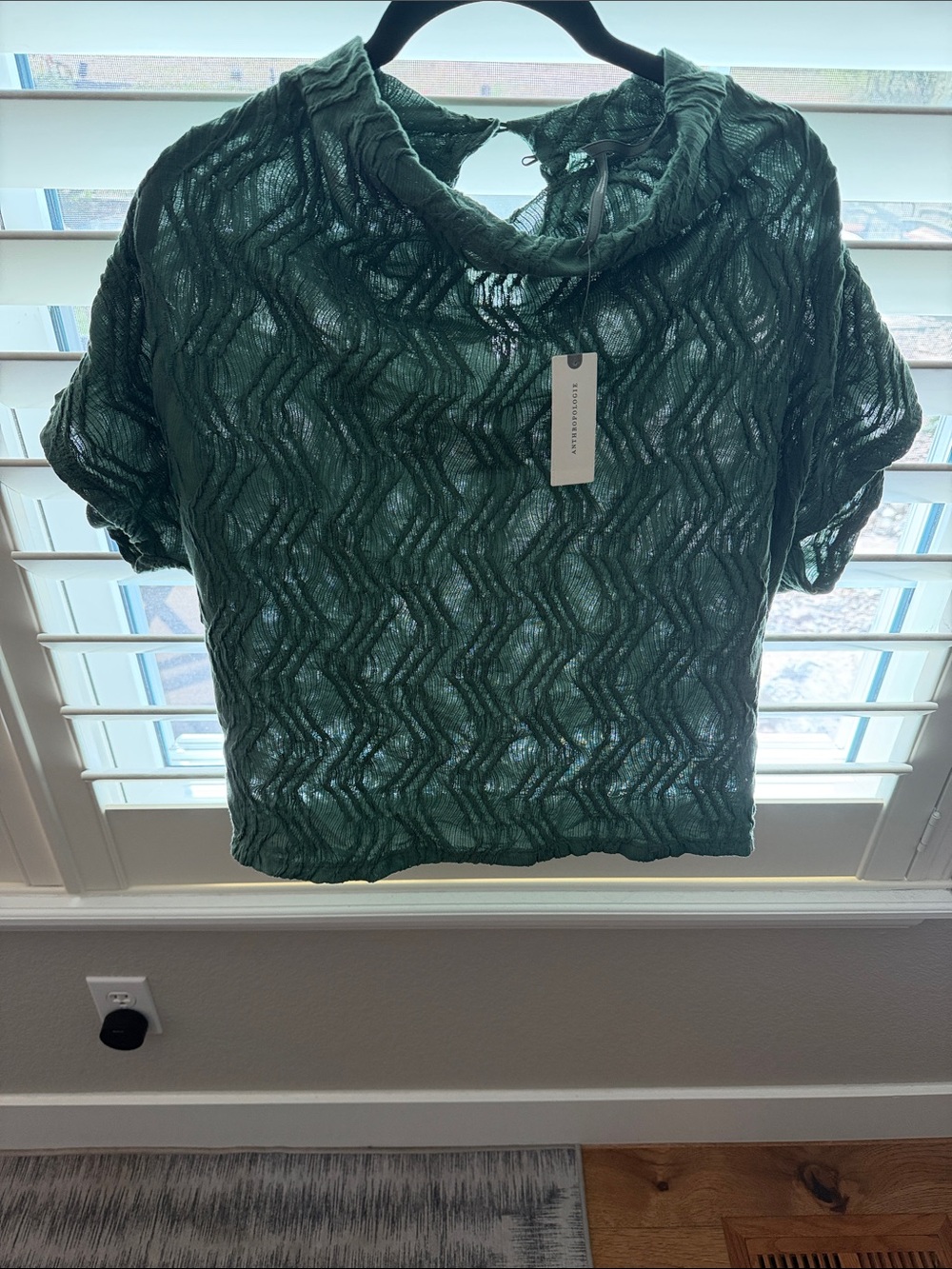 Anthropologie Olive Green Sheer Zigzag Knit Short-Sleeve Sweater